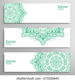 Graphic trendy banners set. Abstract geometric header vector background with Mandala ornament element, doodle card with place for your text.