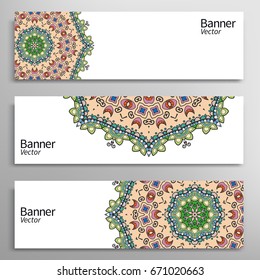 Graphic trendy banners set. Abstract geometric header vector background with Mandala ornament element, doodle card with place for your text.