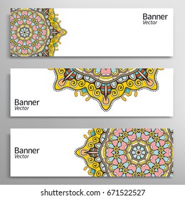 Graphic trendy banners set. Abstract geometric header vector background with Mandala ornament element, doodle card with place for your text.