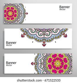 Graphic trendy banners set. Abstract geometric header vector background with Mandala ornament element, doodle card with place for your text.