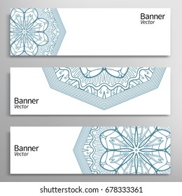 Graphic trendy banners set. Abstract geometric header vector background with Mandala ornament element, doodle card with place for your text.