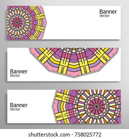 Graphic trendy banners set. Abstract geometric header vector background with Mandala ornament element, doodle card with place for your text.