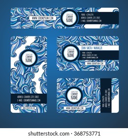 Graphic trendy blue banners set. Abstract geometric  vector background with waves ornament elements, doodle card with place for your text. Vector illustration.  