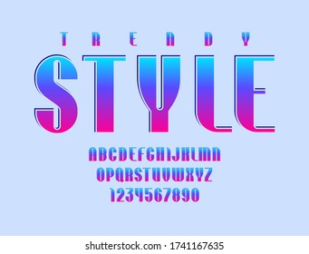 Graphic trendy font, gradientr colored alphabet sans serif, modern uppercase Latin letters from A to Z and Arab numbers from 0 to 9 for you designs, vector illustration 10EPS