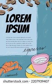 Graphic trendy hand drawn illustration design card with coffee elements. Coffee and sweets. Products of cafe with text. Can be used for flyers, brochure, cover, poster, booklet, leaflet.