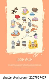 Graphic trendy hand drawn illustration design card with coffee elements. Coffee and sweets. Products of cafe with text. Can be used for flyers, brochure, cover, poster, booklet, leaflet.