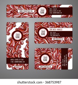 Graphic trendy red banners set. Abstract geometric  vector background with waves ornament elements, doodle card with place for your text. Vector illustration. 