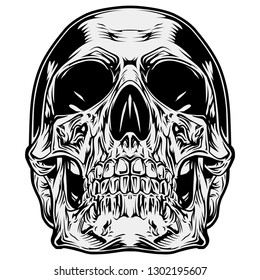 Graphic tribal skull vector illustration isolated on white background. Stylish linework t-shirt template, calavera, tattoo. EPS10