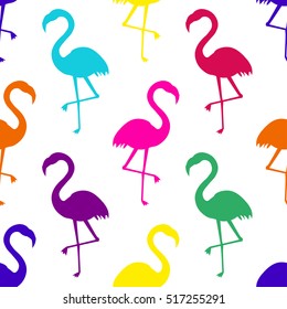 Graphic tropical exotic seamless pattern with with bright flamingo birds in vector. Vector flamingo background design. Colorful abstract background Funky bird style. Bright illustration of exotic bird