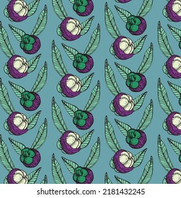 Graphic tropical pattern with contour purple mangostans. Vector image for scrapbooking, wallpaper, textiles.