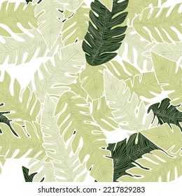 Graphic tropical pattern, palm leaves seamless floral background. Abstract leaf wallpaper. Nature wallpaper. Exotic plant foliage backdrop. For fabric design, textile print, wrapping, cover