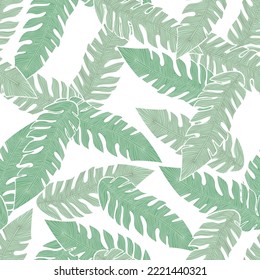 Graphic tropical pattern, palm leaves seamless floral background. Abstract leaf wallpaper. Nature wallpaper. Exotic plant foliage backdrop. For fabric design, textile print, wrapping, cover