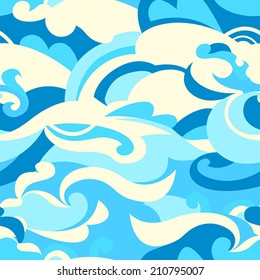 Graphic tropical surf waves in a seamless pattern .