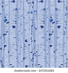 Graphic trunks of birch trees. Forest mood. Vector repeated seamless pattern drawn with rough brush in blue colors