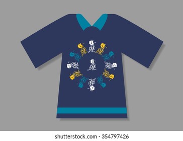 Graphic T-shirt design of 3 colors in nautical style. Flat identity mock-up template for your design. Vector illustration