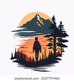 Graphic t-shirt design with a boy exploring wild, trees  and mountains,vector illustration for t-shirt.