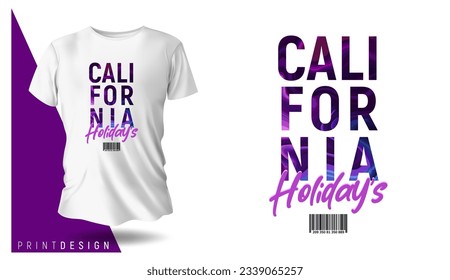 Graphic t-shirt design, California Holidays typography slogan on abstract purple background,vector illustration for t-shirt.