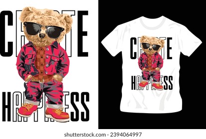 Graphic t-shirt design with cute bear toy and create happiness typography ,vector illustration for t-shirt.