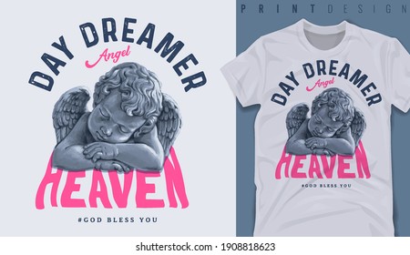 Graphic T-shirt Design, Dreamer Slogan With Antique Baby Angel Sleeping,vector Illustration For T-shirt.