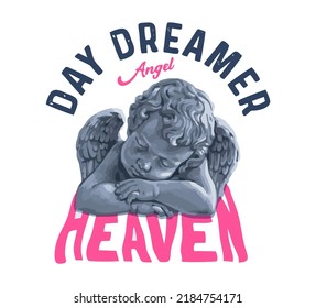 Graphic t-shirt design, Dreamer slogan with antique baby angel sleeping,vector illustration for t-shirt.