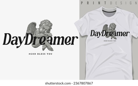 Graphic t-shirt design, Dreamer slogan with antique baby angel sleeping,vector illustration for t-shirt.