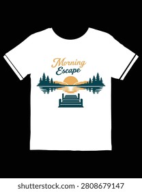 Graphic tshirt design featuring a tranquil lake scene with a pier pine trees mountains and a sunrise