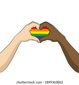 Graphic t-shirt design. Hands make heart love symbol. LGBT symbol rainbow flag in heart shape. Vector illustration. T-shirt print. Isolated on white background.