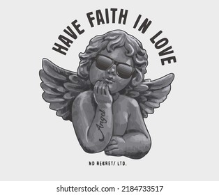 Graphic t-shirt design, Love slogan with antique baby angel in sunglasses,vector illustration for t-shirt.