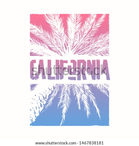 Graphic t-shirt design on the topic of California with stylized palm tree. Vector illustration.
