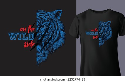 Graphic t-shirt design, on the wild side slogan with tiger head, vector illustration for t-shirt.