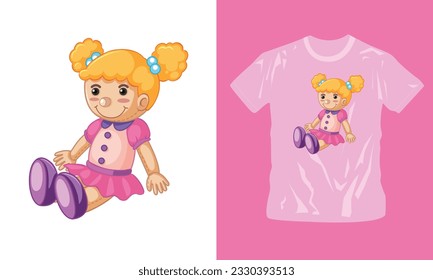 Graphic t-shirt design of pink color doll vector illustration for t-shirt.