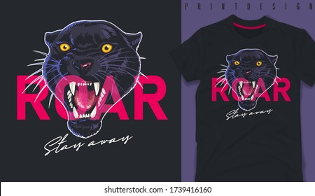 Graphic t-shirt design, roar slogan on panther head illustration,vector illustration for t-shirt.