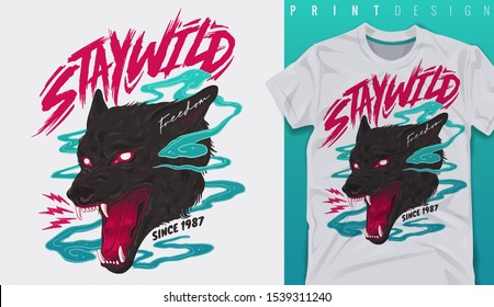 Graphic t-shirt design, Stay wild slogan with wolf,vector illustration for t-shirt.