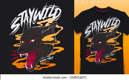 Graphic t-shirt design, Stay wild slogan with wolf,vector illustration for t-shirt.