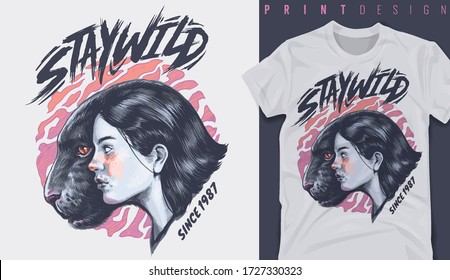 Graphic t-shirt design, Stay wild slogan with panther head and girl,vector illustration for t-shirt.