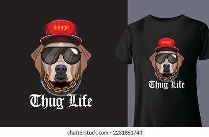 Graphic t-shirt design, thug life slogan with dog head, vector illustration for t-shirt.