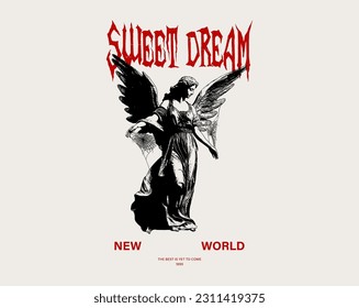 Graphic t-shirt design, typography slogan with statue of liberty with wings in a web. Vector illustration for t shirt