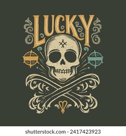 Graphic t-shirt design, typography slogan Lucky with pirate skull,vector illustration for t shirt