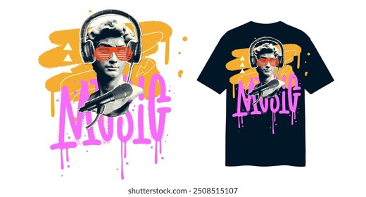 Diseño gráfico de la camiseta, eslogan de la tipografía con el busto antiguo de la estatua con los auriculares y las gafas de sol. Ilustración vectorial para camiseta. Collage semitono con graffiti