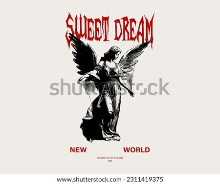 Graphic t-shirt design, typography slogan with statue of liberty with wings in a web. Vector illustration for t shirt
