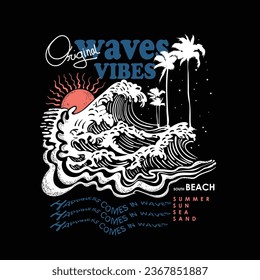 Graphic T-shirt design in vector format, this design included for Vintage typography waves text, modern palm tree, surf board, big waves, use this design for T- shirt , sweat shirt, tops, poster,