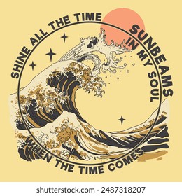 Graphic T-shirt design in vector format, this design included for Vintage typography waves text, modern palm tree, surf board, big waves, use this design for Tee