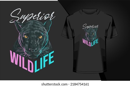 Graphic t-shirt design, wild life slogan with panther head,vector illustration for t-shirt.