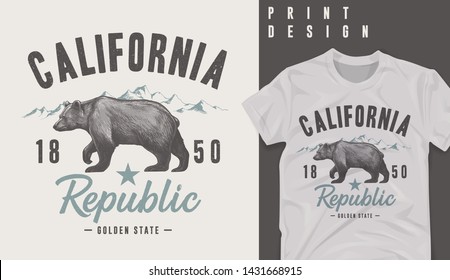 Graphic t-shirt design,California typography with grizzly bear- vector illustration for t-shirt.