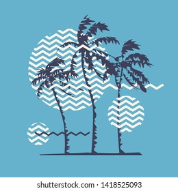 Graphic t-shirt geometric design with stylized palm trees on the topic of summer, holidays, beach, seacost, tropics. Vector illustration.