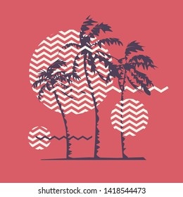 Graphic t-shirt geometric design with stylized palm trees on the topic of summer, holidays, beach, seacost, tropics. Vector illustration.