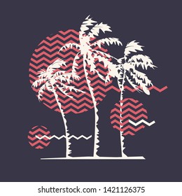 Graphic t-shirt geometric design with stylized palm trees on the topic of summer, holidays, beach, seacoast, tropics. Vector illustration.