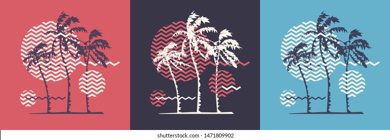 Graphic t-shirt geometric design with stylized palm trees on the topic of summer, holidays, beach, seacoast, tropics. Vector illustration.