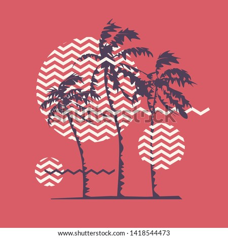 Graphic t-shirt geometric design with stylized palm trees on the topic of summer, holidays, beach, seacost, tropics. Vector illustration.