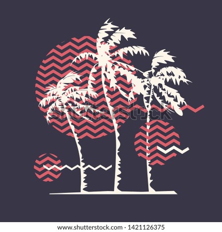 Graphic t-shirt geometric design with stylized palm trees on the topic of summer, holidays, beach, seacoast, tropics. Vector illustration.